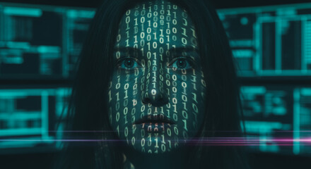 A person's face is overlaid with binary code, representing data, technology, and information, surrounded by monitors in a digital landscape.