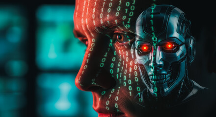 A striking composition merging a human face with digital binary code and a robotic head, reflecting the intersection of humanity and advanced technology.
