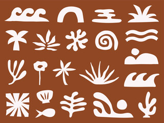 Abstract nature doodle elements including sun waves and organic plants white on terracotta background for summer design