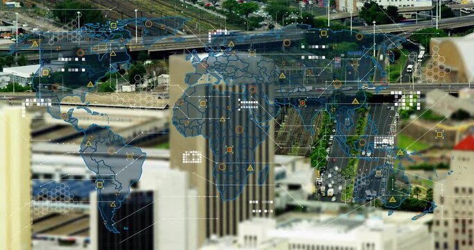 Translucent world map fading in, overlaying HUD on beige tower, roads and rail, visualizing network