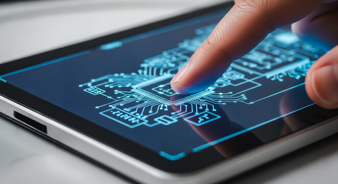 Close-up captures a finger interacting with a sleek tablet device, displaying an intricate circuit board design in a modern technological setting. 