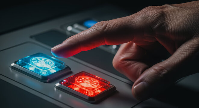 A hand reaches out to touch a futuristic control panel with illuminated buttons. Focus on the button with its glowing red and blue light, highlit in the scene.