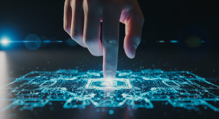 A futuristic touch, the finger interacts with a complex digital interface, symbolizing technology, innovation, and digital transformation.