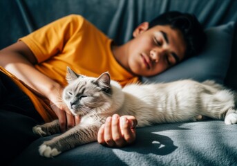 A young Hispanic boy with dark hair sleeps on a couch, holding a fluffy gray and white cat. The scene is cozy and peaceful, showcasing companionship.