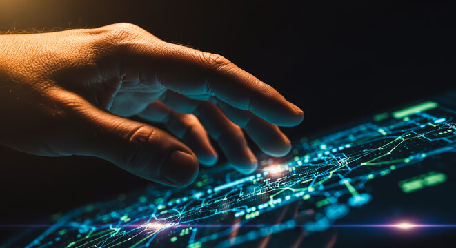 A human hand interacts with a holographic technological display, exploring complex data visualizations in a futuristic setting, highlighting the intersection of human touch and advanced technology.