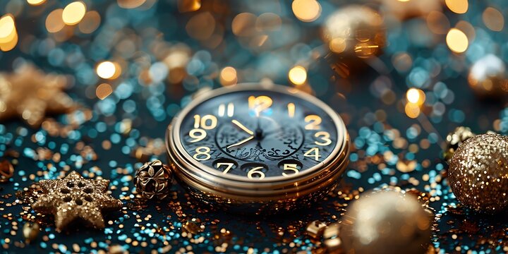 Panoramic Golden Clock with Christmas Decorations for New Year's Eve Celebration