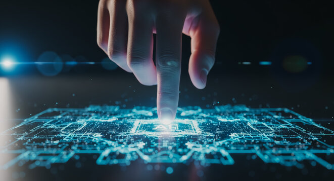 A futuristic touch, the finger interacts with a complex digital interface, symbolizing technology, innovation, and digital transformation.