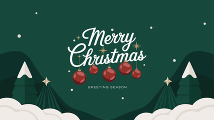 Merry Christmas greeting with red ornaments and trees