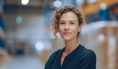 Female warehouse worker manages product inventory and oversees distribution for shipping and manufacturing industry.