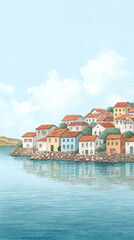 Obraz premium Discover a Charming Coastal Village: A Serene Watercolor Journey Through Vibrant Houses and Reflections in Nature's Embrace
