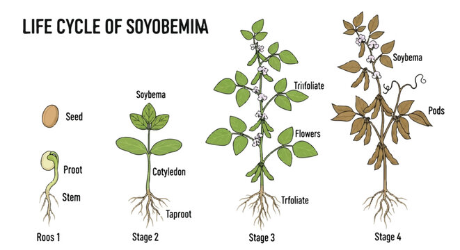 Soybean plant life cycle flat 2D vector illustration detailing agricultural growth stages, featuring roots, stems, leaves, and final mature soybean pods isolated on a clean white background.