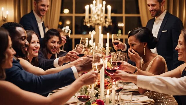 Elegant Diverse Group Enjoying Candlelit Dinner Party with Wine and Conversation