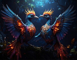 Obraz premium Two iridescent birds face each other on a branch, illuminated against a dark forest background