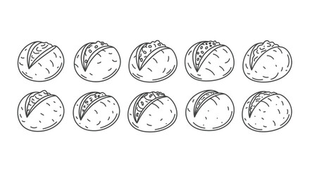 Ten hand drawn stylized easter eggs in a row black and white illustration