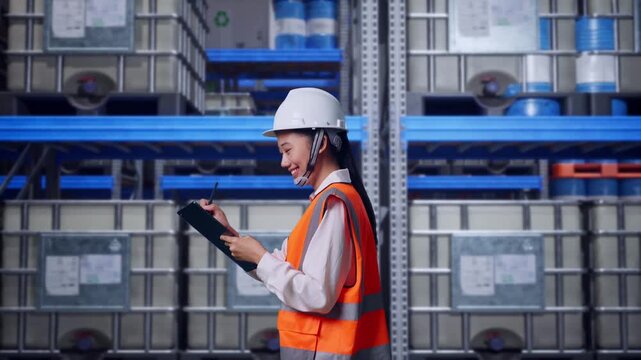 Side View of Asian Female Engineer Taking Note on Tablet While Walking at Warehouse Aisle with Chemical or Oil Barrels on Pallet Racking