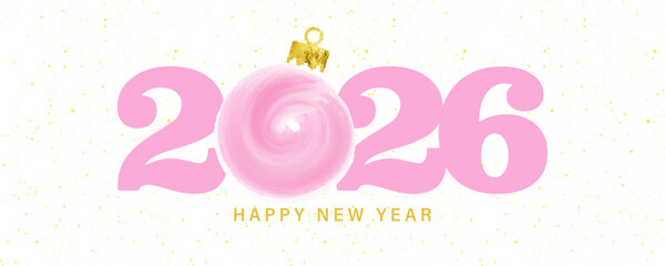 2026 happy new year design, new year greeting card or banner template, social media or website header banner, new year 2026 design with pink Christmas ball decoration icon on elegant style color