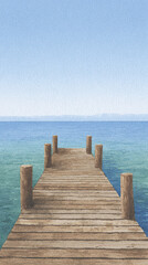 Fototapeta premium A Serene Wooden Pier Stretching Over Crystal Clear Waters Beneath a Calm Blue Sky, Perfect for Relaxing Getaways and Scenic Photography Adventures
