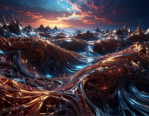 Surreal digital art of a metallic ocean under a vibrant sunset with jagged peaks