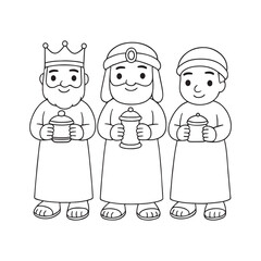 line art of three wise men holding Gold, frankincense and myrrh vector