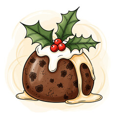 Hand-drawn illustration of a traditional Christmas pudding dessert with a holly garnish and dripping cream sauce