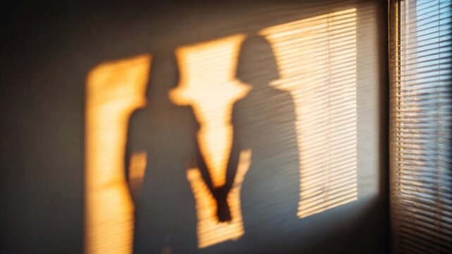 Artistic video shows the shadows of a couple holding hands cast on a wall creating a poetic intimate moment filled with symbolism romance simplicity and emotional storytelling