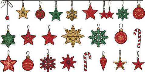 Hand-drawn Christmas ornament set vector illustration, featuring stars, snowflakes, candy canes, and baubles in traditional red, green, and gold colors for holiday greeting cards, decoration, and fest