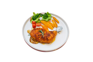 Delicious, appetizing, cooked chicken meal served on a plate with fresh salad and fries
