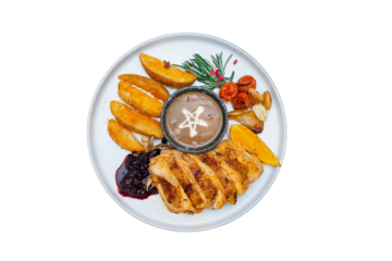A delicious plated meal featuring grilled chicken, potato wedges, and various accompaniments