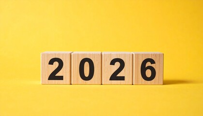 Wooden blocks forming “2026” on bright yellow background in bold black digits