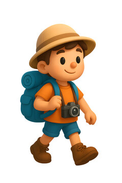3d cartoon adventurer characters exploring with magnifying glass shovel and backpack