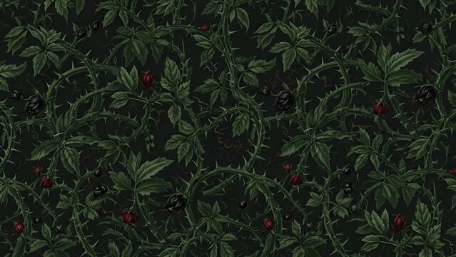 Dense pattern of thorny vines with dark green leaves and occasional red and black berries.