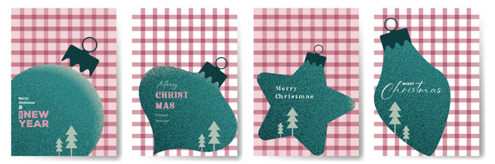 set of Christmas greeting card design vector illustration with Xmas festive icon and Red gingham fabric square checkered seamless pattern vintage background