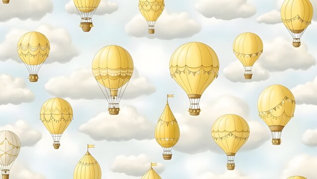 A beautiful seamless pattern of vintage yellow hot air balloons floating peacefully in a cloudy sky. - Powered by Adobe
