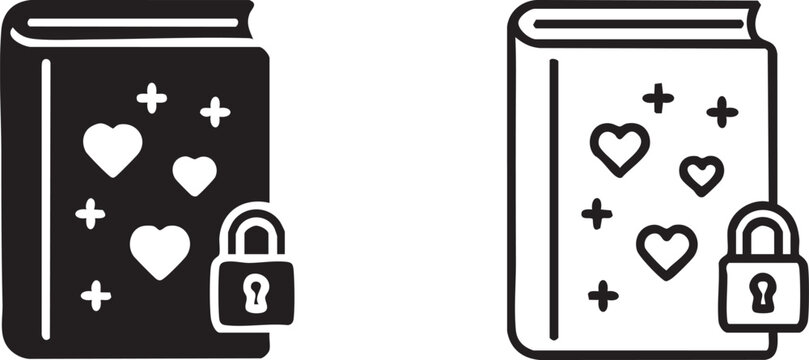 Silhouette of a closed book with hearts and stars locked by a padlock isolated on transparent background