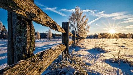 Wooden fence in winter landscape with bright sun and snowy field during sunrise or sunset - Powered by Adobe