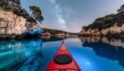 Red Kayak on Crystal Clear Water Under a Starry Night Sky with Milky Way