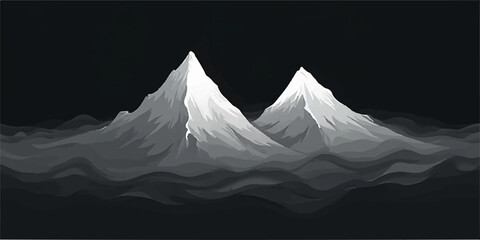 Monochromatic mountain peaks rising above clouds in a dark landscape illustration