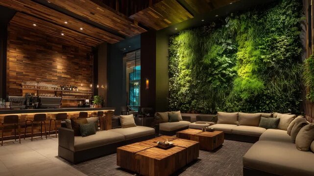 Modern Lounge Interior With Lush Vertical Garden And Warm Wood Accents Creates Inviting Ambiance With Soft Lighting