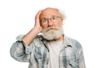Worried elderly man with glasses isolated on transparent background