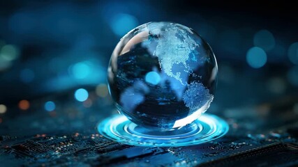 Digital Globe Hologram Levitating Above Futuristic Circuit Board with Blue Neon Lights and Blurred Background - Powered by Adobe