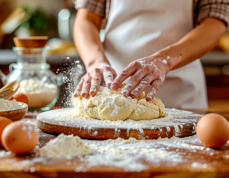 Woman's Hands Kneading Fresh Dough for Homemade Baking