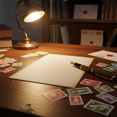 Warmly lit vintage desk with blank paper, elegant pen, and colorful postage stamps, evoking the timeless art of traditional letter writing and communication