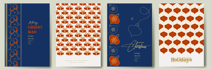Merry Christmas and happy new year greeting card design, Xmas template design with Christmas festive icon pattern, New year holiday poster design concept illustration
