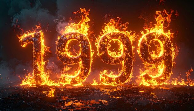 Fiery "1999" numbers blazing amidst smoke and charred ground. Dramatic scene evokes heat and destruction