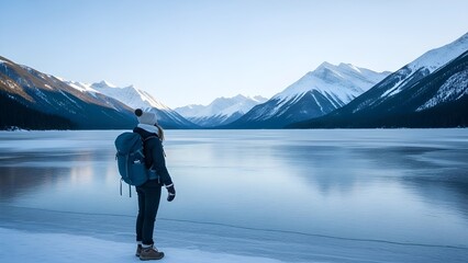 Solo Traveler Exploring Snowy Mountain Lake Landscape