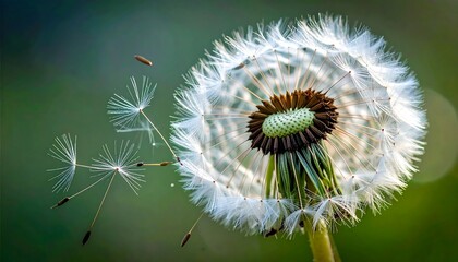 Dandelion seed head in focus with seeds drifting away against a blurred green background, close-up view