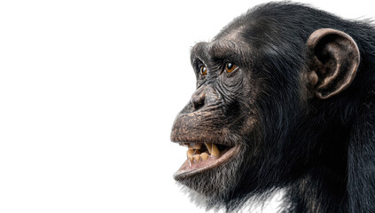 Close-up side profile of a chimpanzee with dark fur, brown eyes, and visible teeth