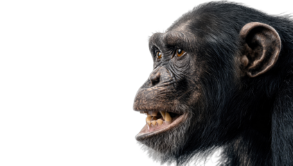 Close-up side profile of a chimpanzee with dark fur, brown eyes, and visible teeth