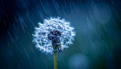 Dandelion seed head under rain
