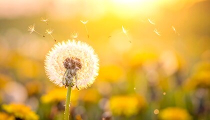 Dandelion seeds take flight in golden sunlight, blurry yellow flowers beneath, creating a soft, peaceful field scene